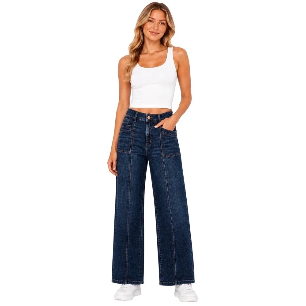 EVEREVE Women Blue High Rise Wide Leg Utility Seam Denim Jeans Size 30